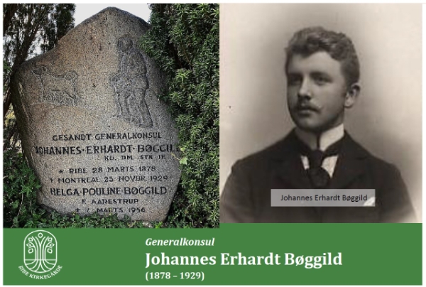 Generalkonsul Johannes Erhardt Bøggilds gravsten og portrætbillede